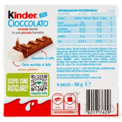 FERRERO KINDER CIOCCOLATO BARRETTE X4 50GR - Home, Alimentari, Ricorrenze, Epifania, Cioccolata e Snack dolci, Halloween